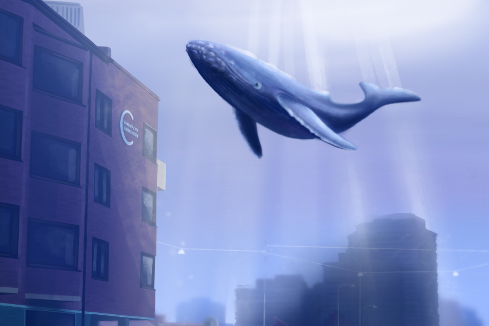 Illustration av Gråbrödersgatan under vatten med en val