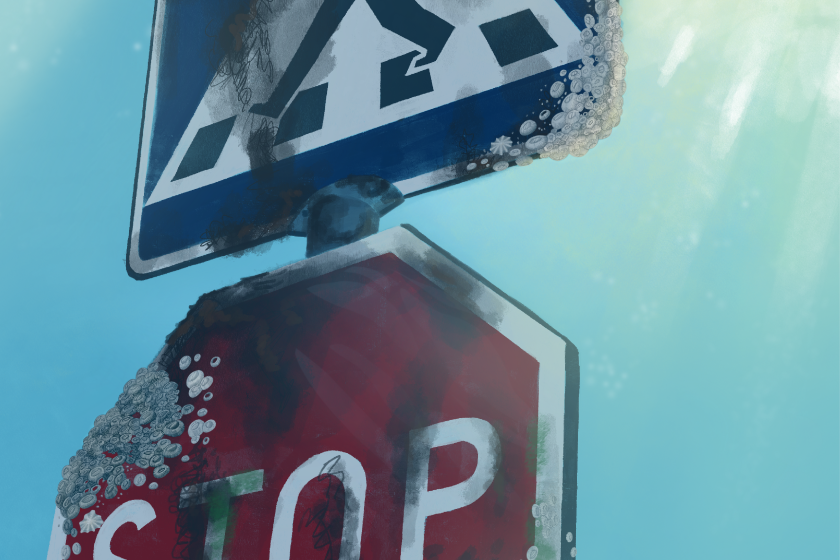 Close-up of illustration of overgrown traffic signs