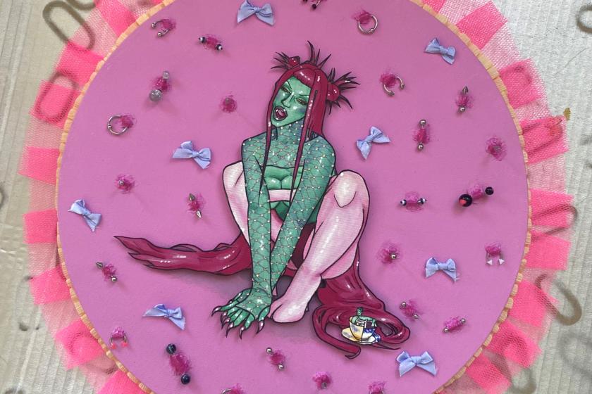 Pink background, piercings, bows, alien girl with long hair