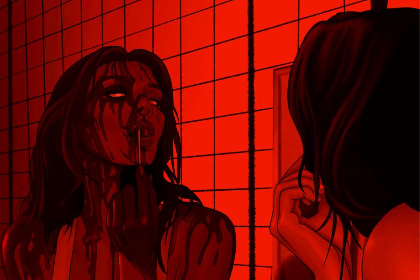Bloody Mary putting on lipgloss in mirror, red